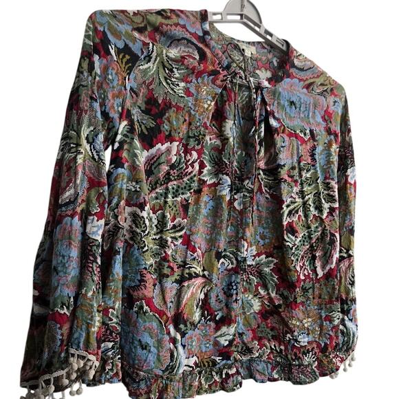 Umgee Boho Blouse S Floral Paisley Print Tassel Tie Cotton Blend‎ Long Sleeve - Picture 4 of 8
